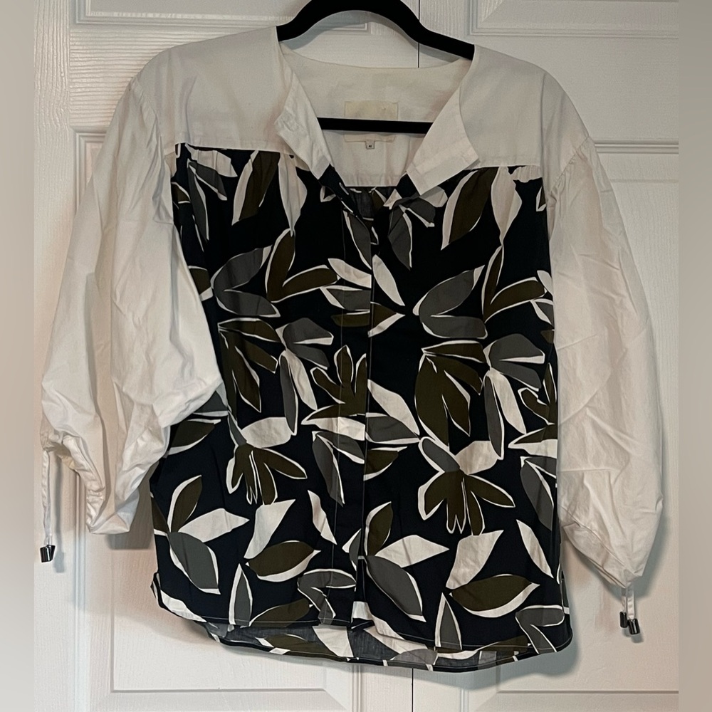 Xacus Leaf-Print Button Down Blouse - image 1